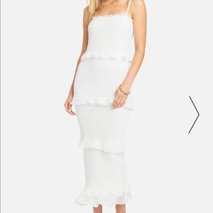 BEBE GEORGETTE SMOCKED MIDI DRESS